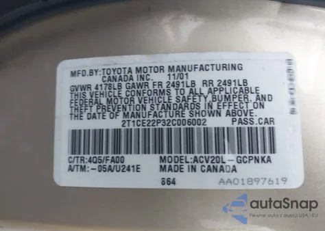 2002 Toyota Camry Solara Se z USA, uszkodzony, nr VIN 2T1CE22P32C006002